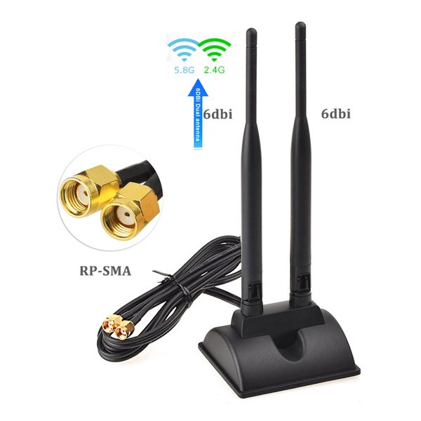L44D 3m WiFi Antenne 2.4G 5.8G 2x 6dBi RP-SMA Adapter Kabel mit Magnet Standfuss