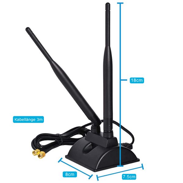 A23D 3m WiFi Antenne 2.4G / 5.8G 2x 6dBi SMA Adapter Kabel mit Magnet Standfuss